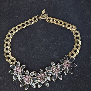 Vtg Coldwater Creek Art Deco Necklace Pink Rhinestones Black Enamel 16" w/3" ext